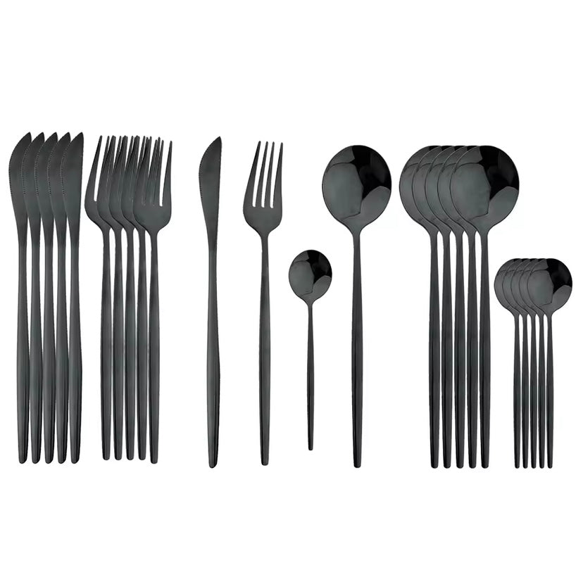 24Pcs Black Handle Golden Cutlery Set Stainless Steel