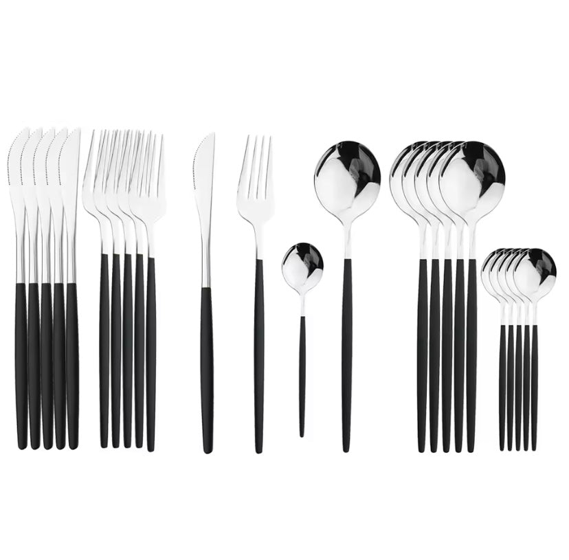 24Pcs Black Handle Golden Cutlery Set Stainless Steel