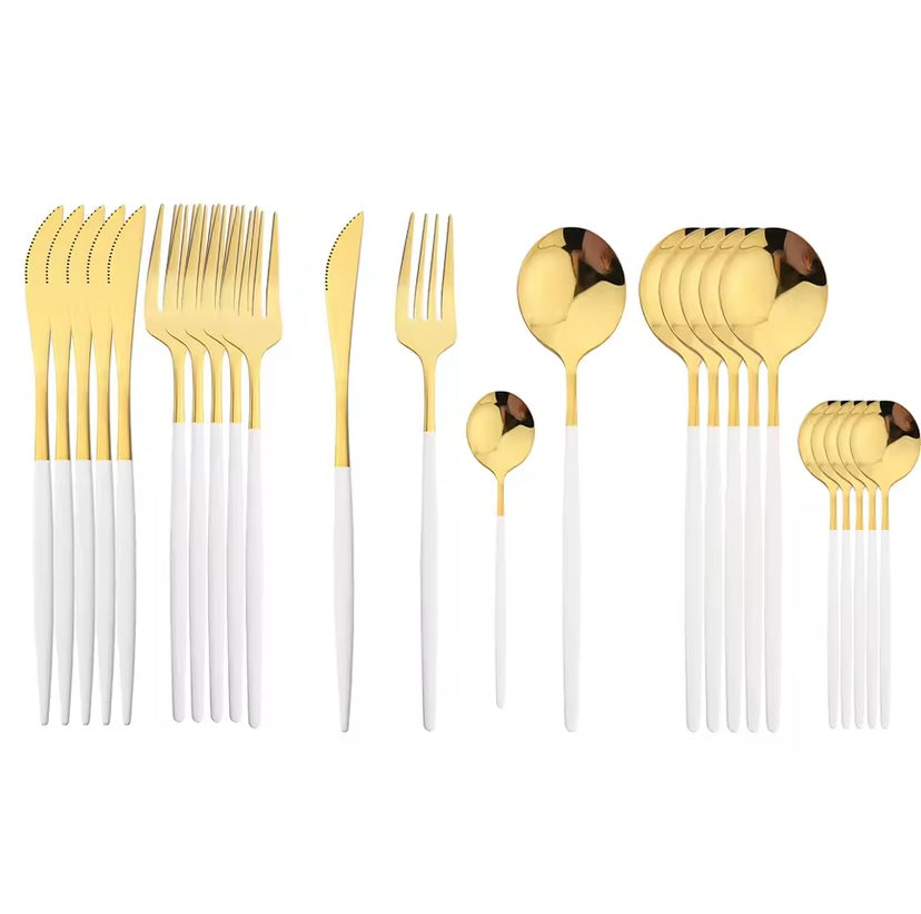 24Pcs Black Handle Golden Cutlery Set Stainless Steel