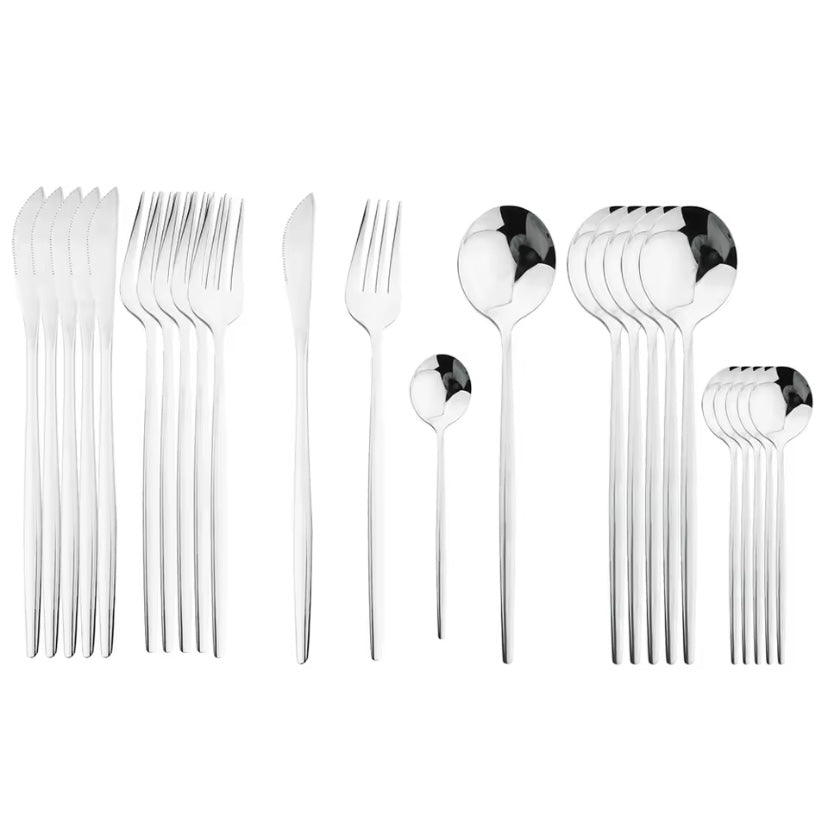 24Pcs Black Handle Golden Cutlery Set Stainless Steel
