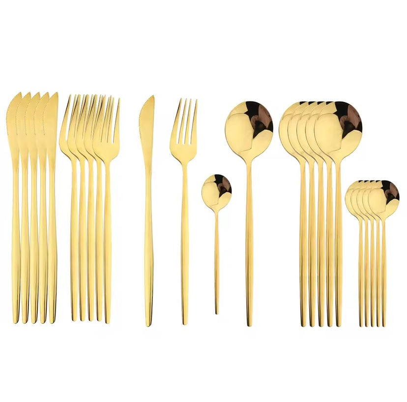 24Pcs Black Handle Golden Cutlery Set Stainless Steel