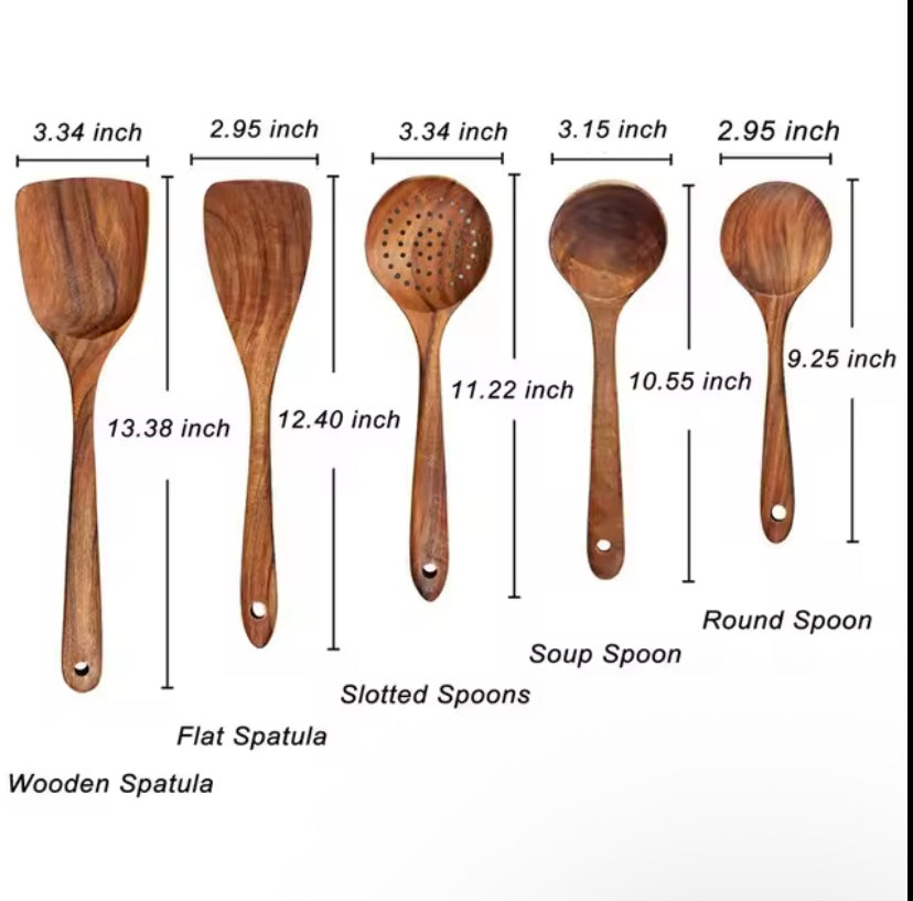 5 Pieces Wooden Cooking Spoons Smooth Teak Wooden