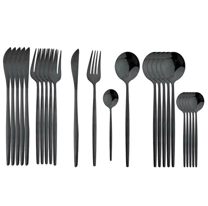 24Pcs Black Handle Golden Cutlery Set Stainless Steel