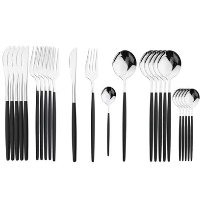 24Pcs Black Handle Golden Cutlery Set Stainless Steel