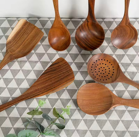 5 Pieces Wooden Cooking Spoons Smooth Teak Wooden