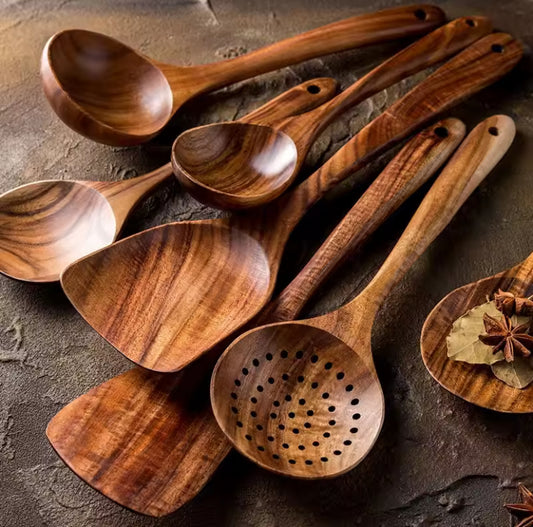 5 Pieces Wooden Cooking Spoons Smooth Teak Wooden