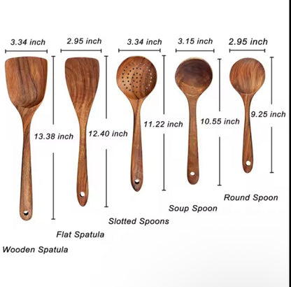 5 Pieces Wooden Cooking Spoons Smooth Teak Wooden